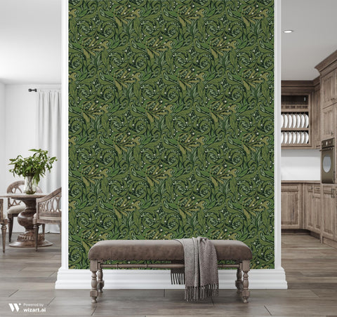 floral patterned wallpaper with green leaves and white flowers.