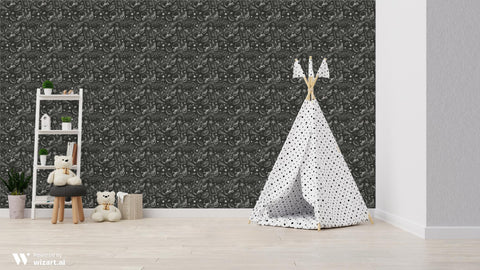 removable wallpaper with a sports-themed pattern, featuring doodles of a football, basketball, and other sports-related items on a black background.