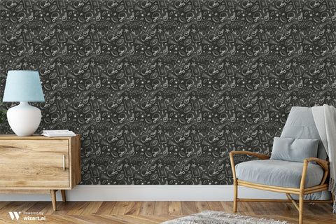 removable wallpaper with a sports-themed pattern, featuring doodles of a football, basketball, and other sports-related items on a black background.