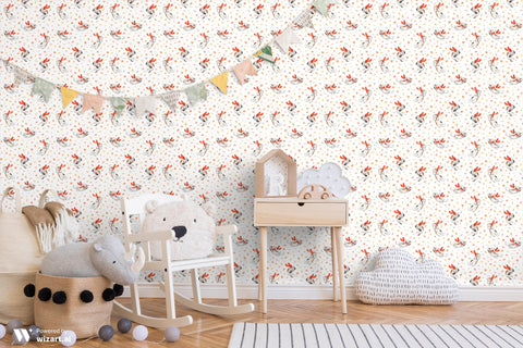 wallpaper with a pattern featuring stylized rabbits and leaves in orange and white colors, indicative of autumn.