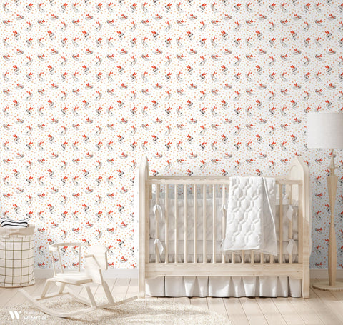 wallpaper with a pattern featuring stylized rabbits and leaves in orange and white colors, indicative of autumn.