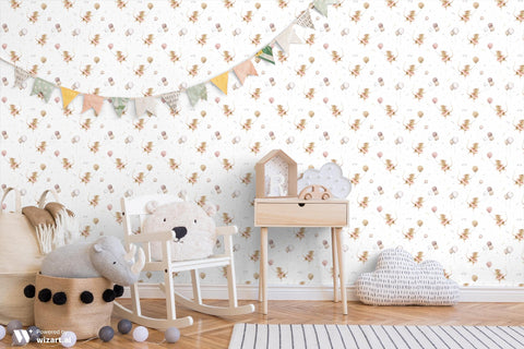 A wallpaper featuring Ballerina-themed illustrations with mice and balloons in pastel colors on a white background.