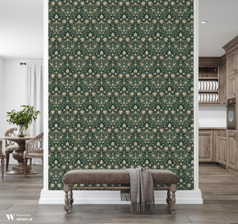 Interior space featuring a dark green damask wallpaper with intricate beige and gold floral patterns, shown on an accent wall behind a cushioned bench, with kitchen and dining areas visible in the background