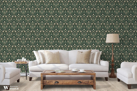 Living room with a dark green damask wallpaper featuring intricate beige and gold floral motifs, paired with a white sectional sofa, wooden coffee table, and floor lamp.