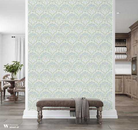 wallpaper with a delicate green and blue floral pattern.