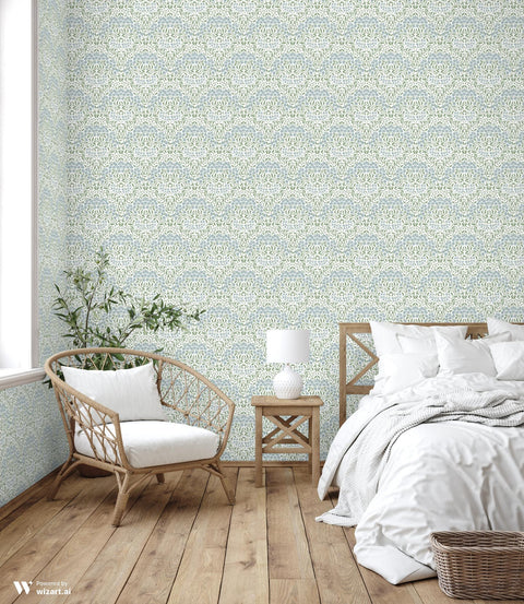 wallpaper with a delicate green and blue floral pattern.