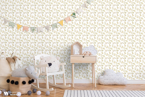 wallpaper with a pattern of cartoon llamas in beige and white colors.
