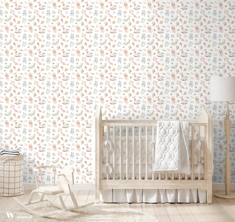 wallpaper with a playful pattern of various baby toys in beige, white, and red colors.
