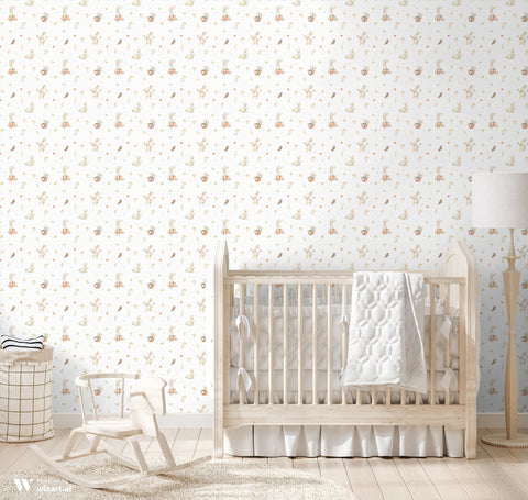 A wallpaper featuring cute animal illustrations, predominantly rabbits, with floral elements in a pastel color palette.