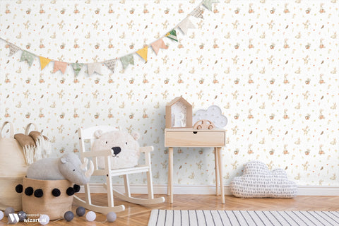 A wallpaper featuring cute animal illustrations, predominantly rabbits, with floral elements in a pastel color palette.