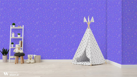 removable wallpaper with a periwinkle blue background featuring a pattern of stars, planets, and geometric shapes in a variety of colors.