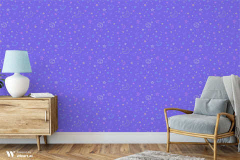 removable wallpaper with a periwinkle blue background featuring a pattern of stars, planets, and geometric shapes in a variety of colors.
