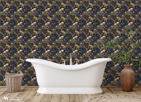 wallpaper featuring a floral and nighttime garden pattern with gold, navy, and green colors.