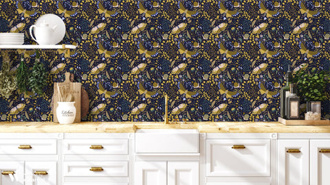 wallpaper featuring a floral and nighttime garden pattern with gold, navy, and green colors.