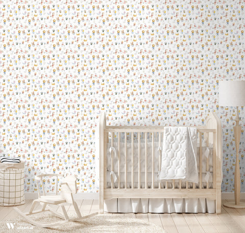 Children's nursery wallpaper featuring circus-themed patterns with adorable animals and playful designs.