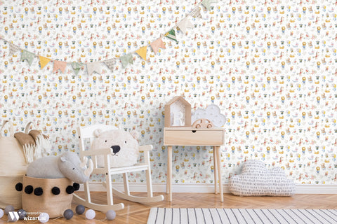 Children's nursery wallpaper featuring circus-themed patterns with adorable animals and playful designs.