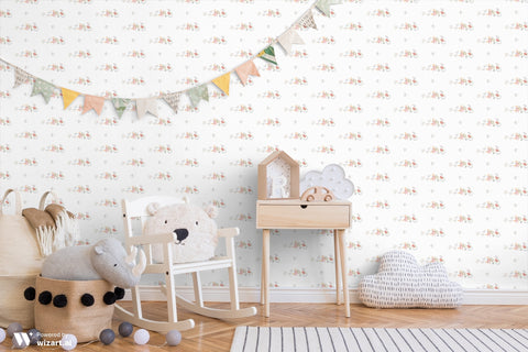 circus-themed wallpaper with a pattern featuring clowns, bicycles, and stars.