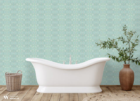 Turquoise Filigree Removable Wallpaper - Teal & Beige for bathroom