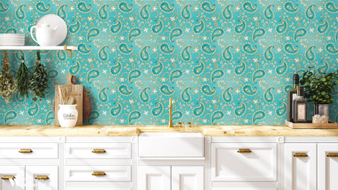 turquoise paisley removable wallpaper with a rich pattern of blue and white.