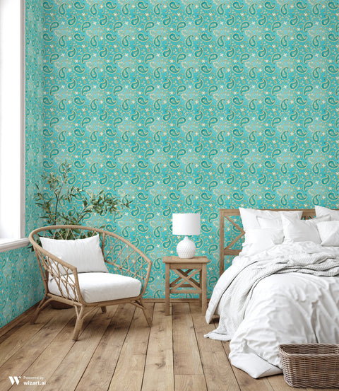turquoise paisley removable wallpaper with a rich pattern of blue and white.
