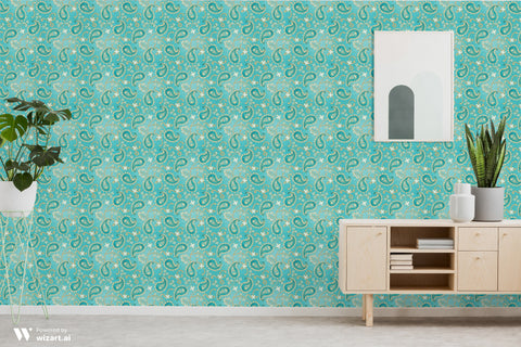 turquoise paisley removable wallpaper with a rich pattern of blue and white.