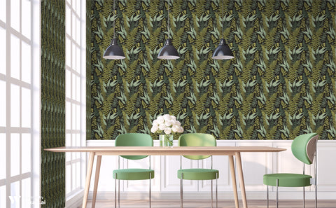 wallpaper featuring a vintage floral and nature design with green and brown colors.