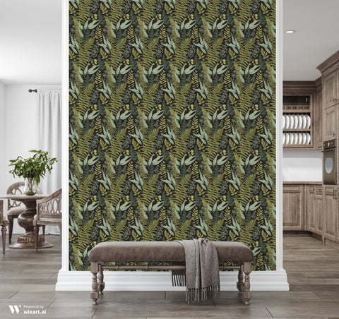 wallpaper featuring a vintage floral and nature design with green and brown colors.