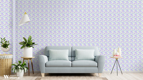 wallpaper featuring a violet floral pattern with purple flowers and green leaves on a white background.