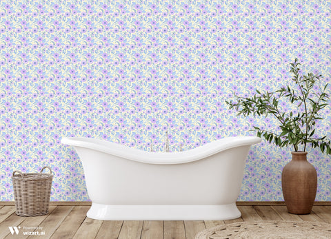 wallpaper featuring a violet floral pattern with purple flowers and green leaves on a white background.