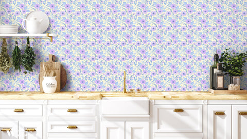 wallpaper featuring a violet floral pattern with purple flowers and green leaves on a white background.