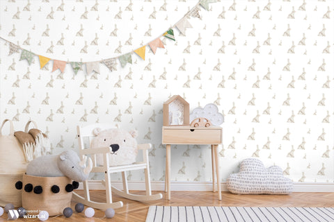 Removable wallpaper featuring a pattern of watercolor-style rabbits on a white background.