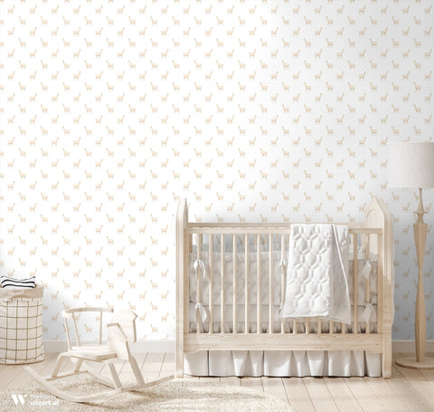 removable wallpaper with a pattern of white llamas on a white background.