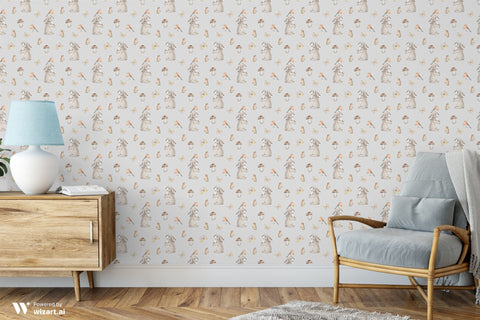 removable wallpaper with a pattern of rabbits, butterflies, and mushrooms in a neutral color palette.