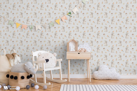 removable wallpaper with a pattern of rabbits, butterflies, and mushrooms in a neutral color palette.