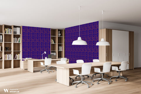 Modern office interior with dark blue wallpaper and gold damask pattern behind wooden desks and white chairs