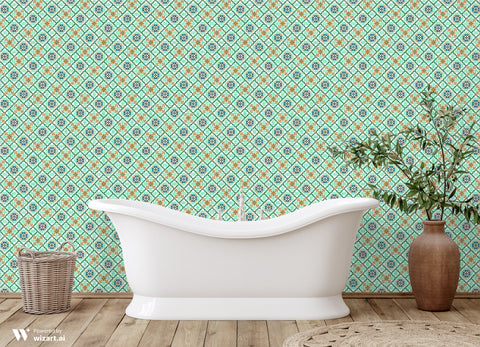 Bathroom interior with freestanding white bathtub and accent wall featuring turquoise and terracotta Moroccan tile pattern wallpaper