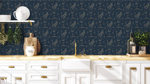 removable wallpaper with a pattern featuring hands holding plants and other whimsical dark hand art on a navy background.