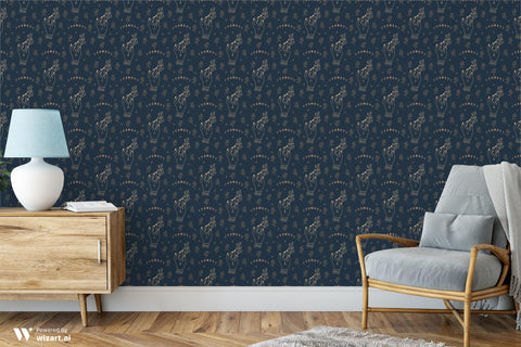 removable wallpaper with a pattern featuring hands holding plants and other whimsical dark hand art on a navy background.