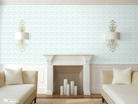 Light teal damask-patterned wallpaper on a white background, shown in an elegant living room with a white fireplace and neutral-toned seating.