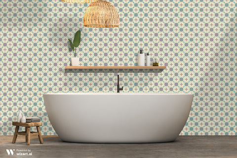 Beige wallpaper with teal and red floral tile motifs in a bathroom with a white bathtub and modern minimalist decor.