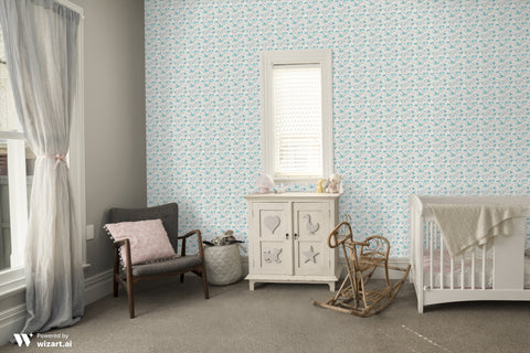 Gray wallpaper with turquoise bird and heart illustrations shown in a cozy nursery with white furniture and soft neutral decor.