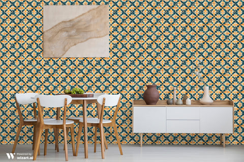 Modern dining room with patterned orange and blue wallpaper, wooden table, black chairs, and bookshelf decor