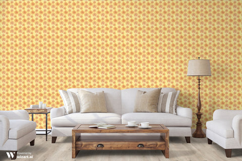 Living room with beige sofa and wooden table against yellow wallpaper with orange floral mandala pattern