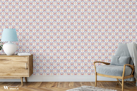 Red and blue floral wallpaper in a cozy living room with wooden furniture and modern decor