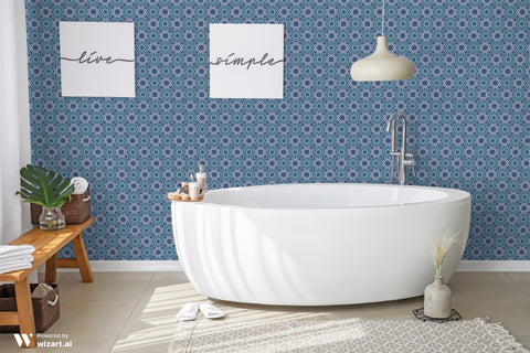 Blue geometric floral wallpaper in a modern bathroom with white bathtub and minimalist decor.