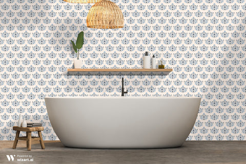 Blue and white floral wallpaper in a contemporary bathroom with freestanding tub and natural decor accents