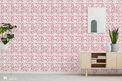 Living room interior with red and white damask wallpaper, wooden sideboard, plants and wall art