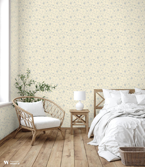 off white floral wallpaper with a pattern of flower tendrils.