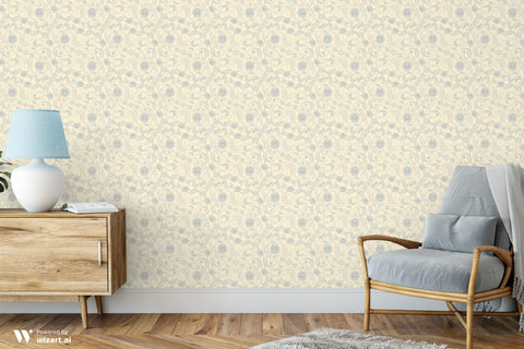 off white floral wallpaper with a pattern of flower tendrils.