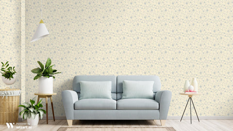 off white floral wallpaper with a pattern of flower tendrils.